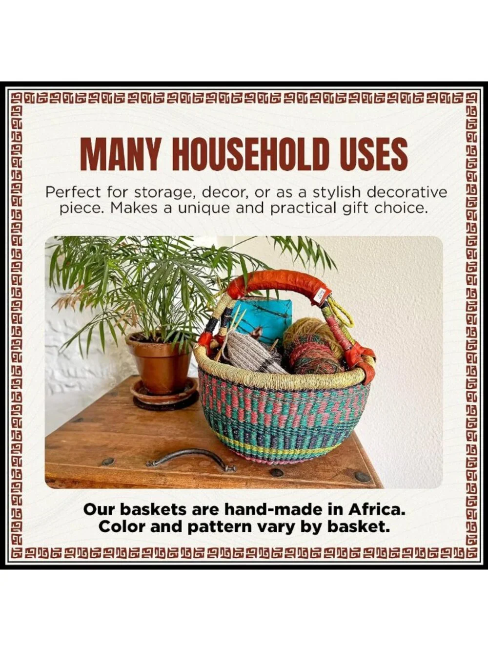 Handmade Colorful African Basket with Leather Handle - 14